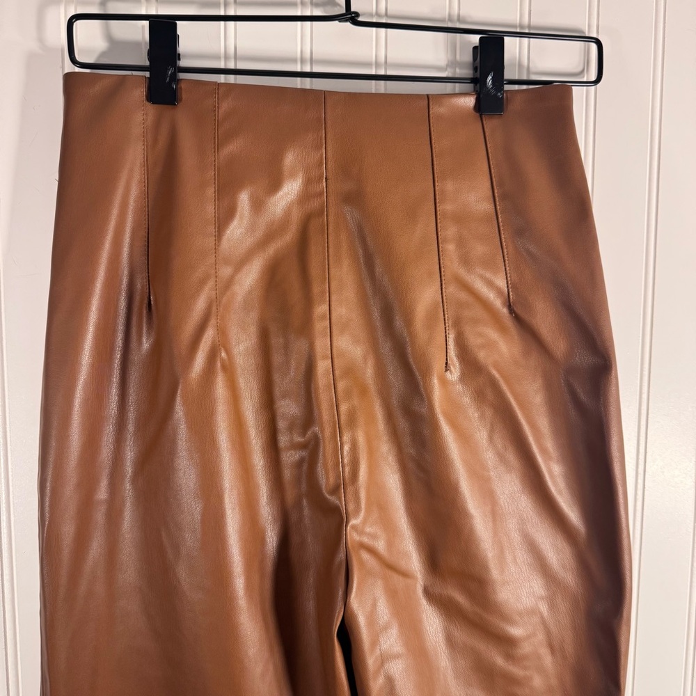 ZARA Faux Leather Straight Leg Pleated High Waist Pants Brown Women’s Size Small - Picture 10 of 15